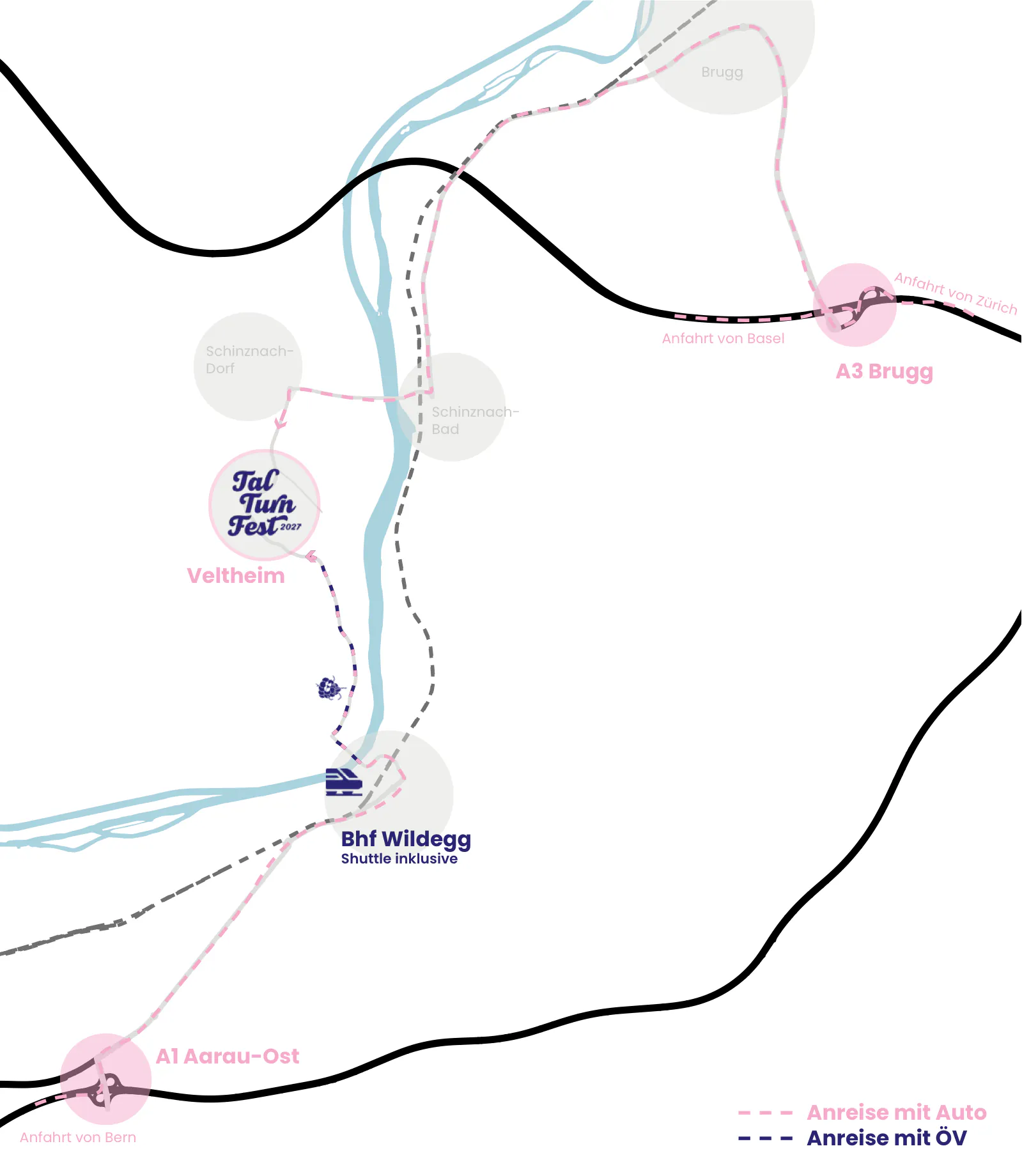 Aafahrtskarte zum Talturnfescht: Autobahnusfahrte Brugg (A3) und Aarau Ost (A1), Bahnhof Wildegg mit Shuttle bis uf s'Festgländ z'Veltheim